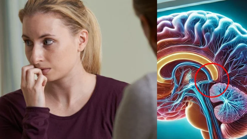 Mulher com expressão de ansiedade ao lado de uma ilustração do cérebro